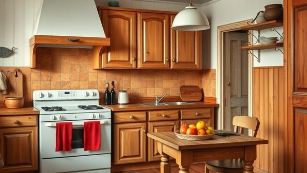 Old wooden cabinets in a cozy kitchen design with appliances.