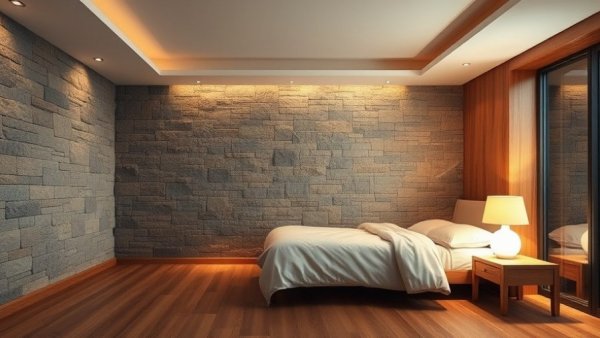 Cozy modern bedroom with stone wall and wooden details, sustainable holiday ideas.