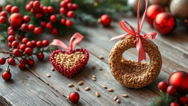 DIY Bird Feeders from Christmas Ornaments displayed with festive decor.