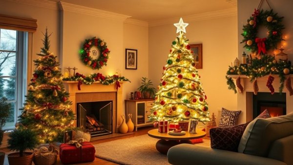 Cozy holiday scene with Christmas decorations, Amazon After-Christmas Clearance Sale.