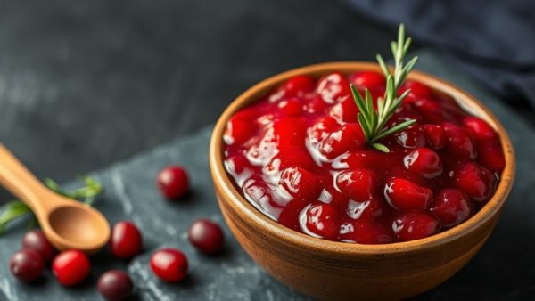 Homemade cranberry sauce recipe with fresh garnish in rustic setting.