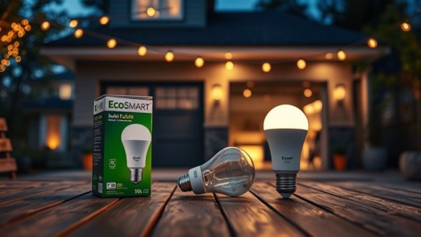 EcoSmart Universal Select light bulb on a patio table in front of a garage at night.