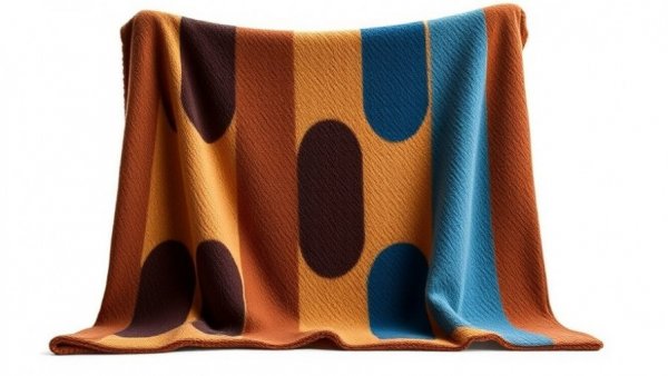 Jazzy geometric patterned blankets, brown and blue stripes, photorealistic.