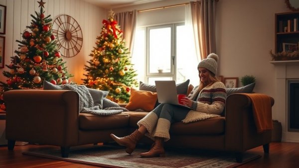 Cozy winter living room with Christmas decor, woman enjoying tea.