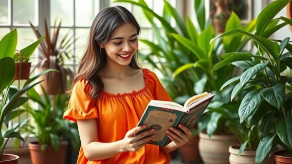 Young woman enjoying best DIY gardening books in lush indoor garden.