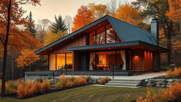 Modern architectural cabin design innovation of 2025 in autumn forest