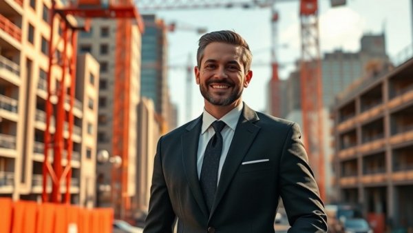 Confident man in construction business development setting.