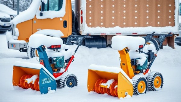 Fast snow blowers ready for action in snowy conditions by a truck.