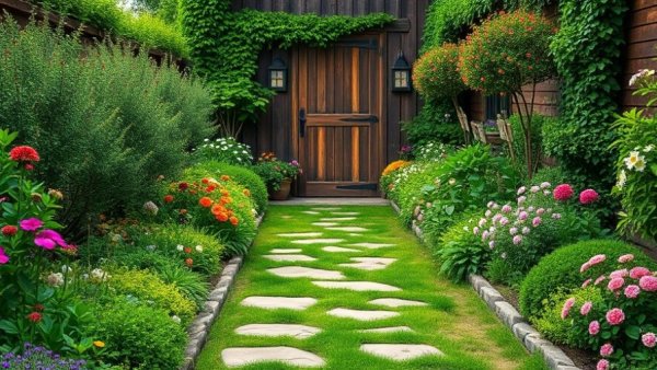 Low-impact front yard with lush plants and stone path.