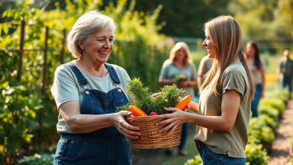 Smiling women share vegetables in garden, embodying New Year's gardening resolutions.