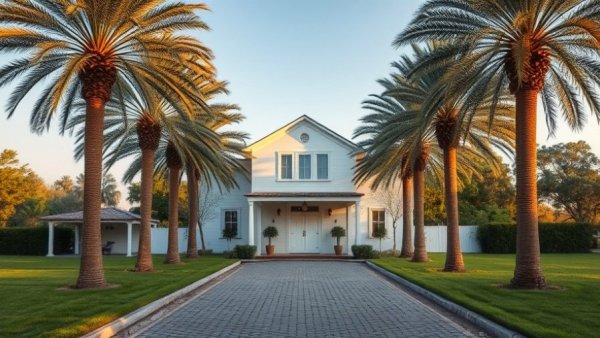Charming farm stay in Algarve with palm-lined entrance.