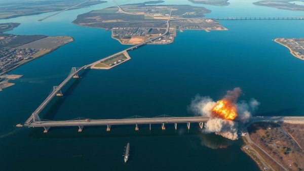 Aerial view of Mississippi River bridge implosion in two stages.