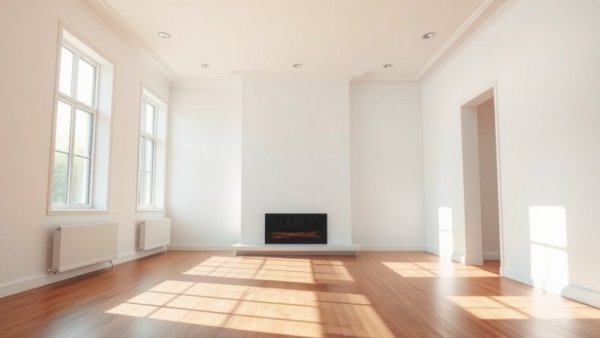 Minimalist white living room with fireplace and wooden floor