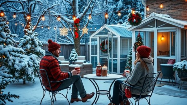 Winter backyard design with festive decorations and snow.