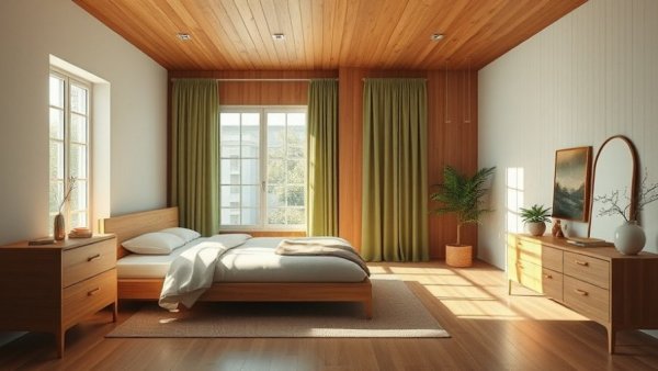 2026 home design trends featuring minimalistic, wood-accented bedroom with natural light.
