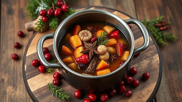 Winter simmer pot with spices and fruits for cozy aroma.
