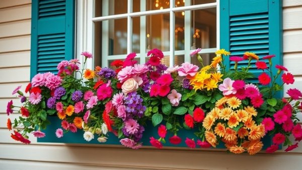 Vibrant winter window boxes ideas with colorful flowers on a house.
