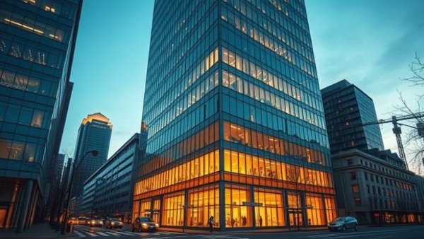 Modern office building illuminated at night near Jacobs Mergers & Acquisitions.