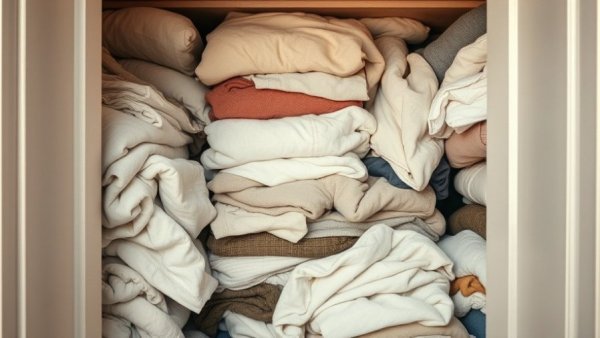 Unorganized linen closet lacking affordable linen closet organizers.
