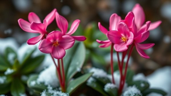 Cyclamen flowers in snow, showcasing winter beauty for your landscape.