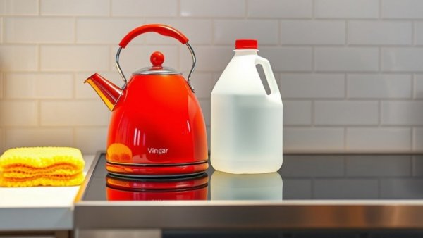 Red kettle and vinegar on stovetop for descaling – how to descale a kettle.