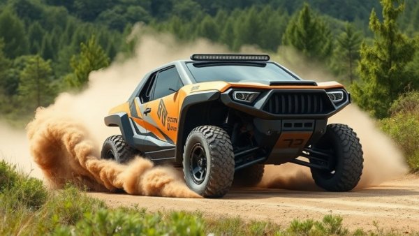 Toyota Scion 01 hybrid UTV drifting energetically on dirt track.