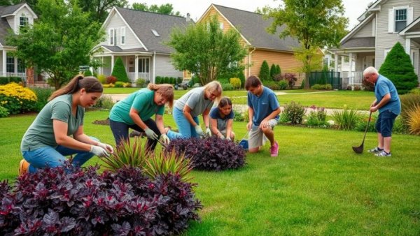 Volunteers creating lush garden in suburb, 2026 garden landscape trends.