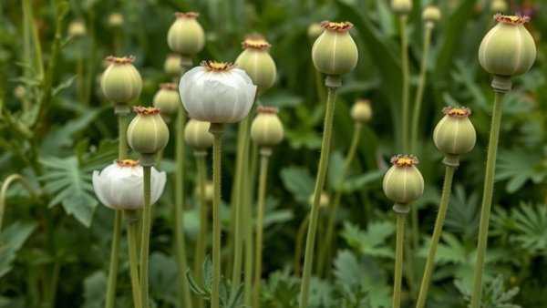 Opium poppy plants with buds in lush garden foliage.