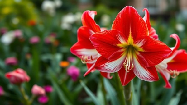 Red and white amaryllis flowers, toxic winter plants in bloom.