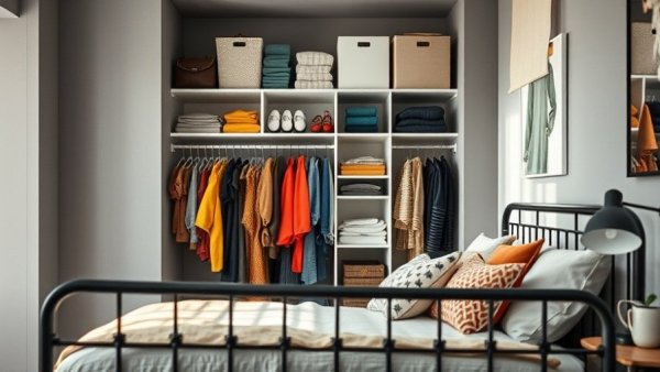 Organized closet with clothes in modern bedroom setup; closet organization tips.