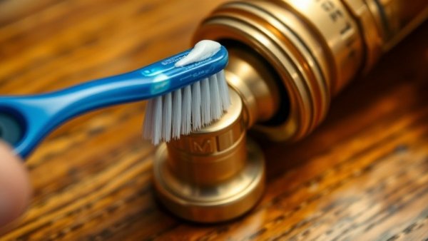 Cleaning brass with a toothbrush and toothpaste on a wooden surface.