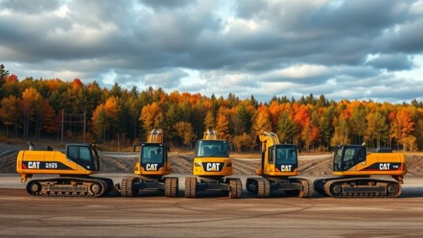 Caterpillar autonomous construction machines on a construction site with autumn forest backdrop.