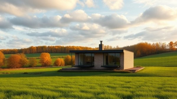 Modern brick house in lush fields showing Beauty Found in Simplicity at Home.