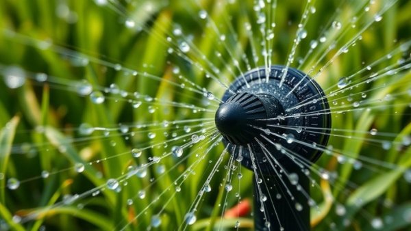 Close-up of sprinkler head in DIY irrigation system for lawns.