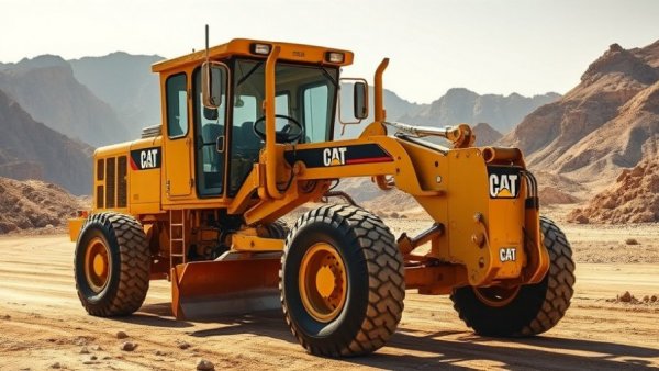 Yellow Caterpillar 140 motor grader in rugged terrain