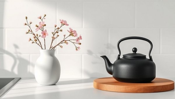 Minimalist kitchen design with pink flowers and black teapot