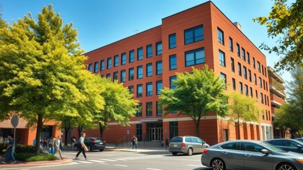 Modern UVA student housing project with red-brick exterior and bustling street view.