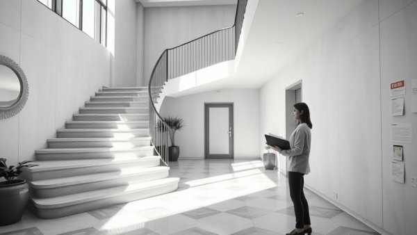 Modern interior with staircase and geometric tiles reflecting Nate Berkus design trends 2026.