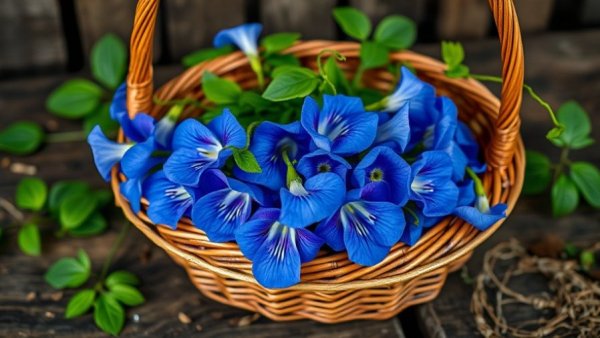 Vibrant blue butterfly pea flowers in a wicker basket for home decor.
