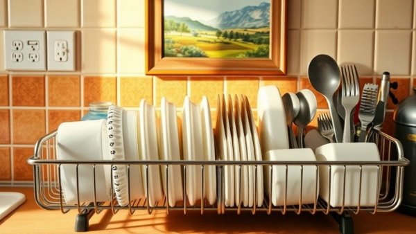 Organized dish rack on kitchen counter, implementing 1% rule for home improvement.