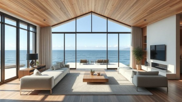 Neuroaesthetics in home design: Coastal living room with ocean view.