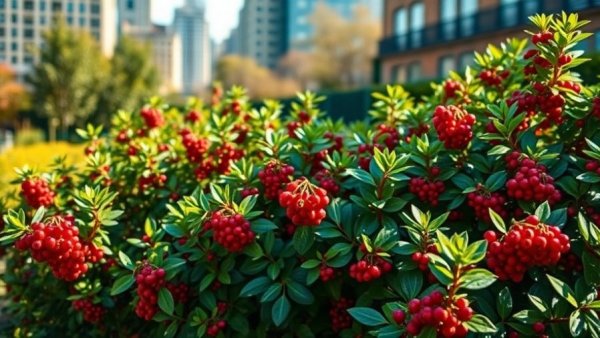 Vibrant winterberry bush in urban garden, showcasing bright red berries.