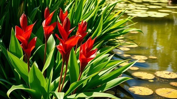Vibrant red canna lilies by a pond, flood-resistant plants.