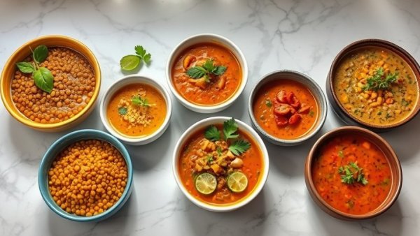 Best Lentil Soup Recipe collection in colorful bowls on marble.