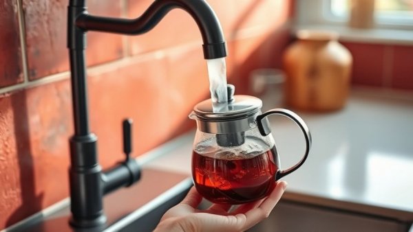 Modern kitchen with a person using efficient hot water system.