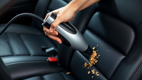 Hand vacuuming crumbs from clean leather car seats, close-up view