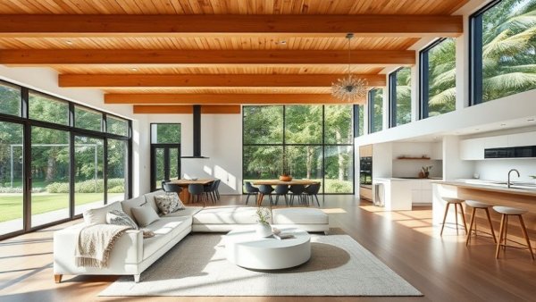 Spacious modern living area with wood accents and natural lighting.