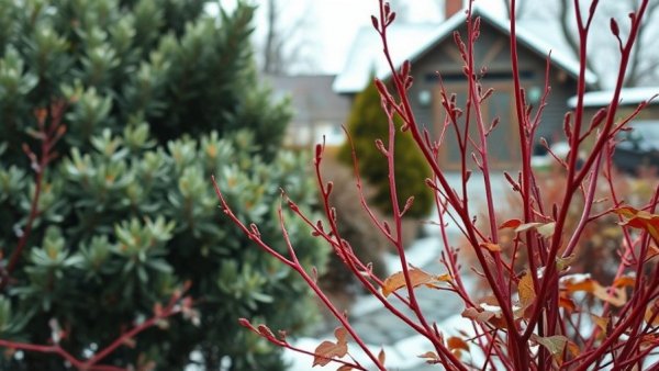 Serene winter garden design with vibrant red and green foliage.
