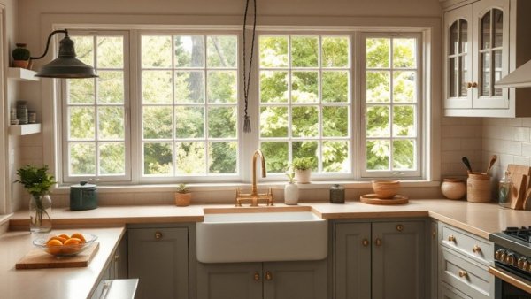 Charming French country kitchen design with rustic elements and lush view.