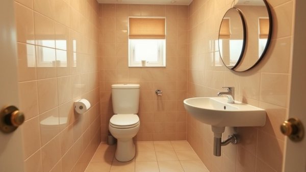 '90s beige bathroom with tiles and simple fixtures.